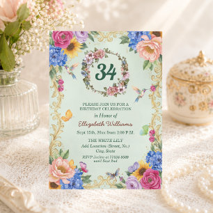 Königliche Goldene Florale Kolibris 34. Geburtstag Einladung