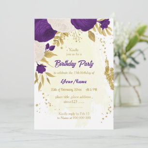 Königliche lila Blume Gold Geburtstagsparty Einladung