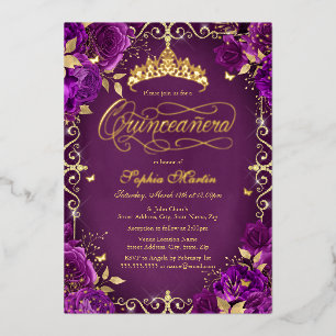 Königliche Lila Gold Schmetterling Rose Quinceaner Folieneinladung