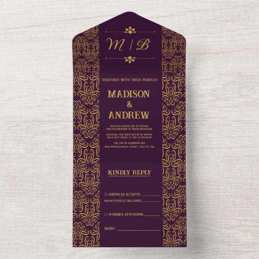 Königliche lila Hochzeitseinladung All In One Einladung (Innen Boden)