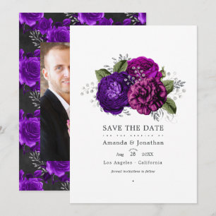 Königliche Lila und Silber Blumen Hochzeitsfoto Save The Date