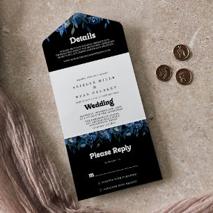 Königliche Marine Blaue Florale Hochzeit     All In One Einladung