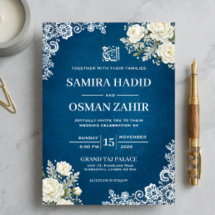 Königliche Marineblaue Florale Spitzen-Nikkah-Musl Einladung