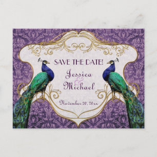 Königliche Pfau-(lila) Save the Date Postkarte