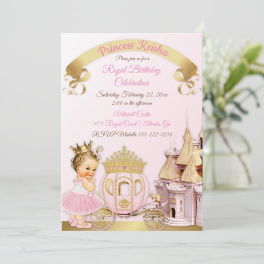 Königliche Prinzessin Burg Beförderung Pink Gold G Einladung (Stehend Vorderseite)