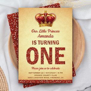 Königliche Prinzessin Rot Glitter Erste Geburtstag Einladung