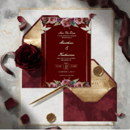 Königliche Rot & Gold Blumen-Tauben-Hochzeitseinla Einladung
