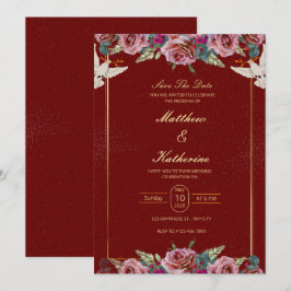 Königliche Rot & Gold Blumen-Tauben-Hochzeitseinla Einladung