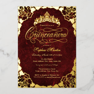 Königliche rote Gold elegante Rose Script Quincean Folieneinladung