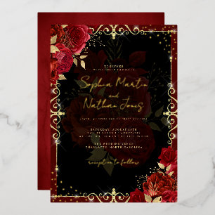 Königliche rote Gold-Rosen-Hochzeit Folieneinladung