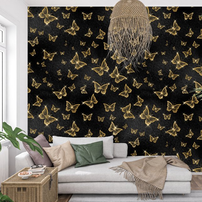 Königliche Schwarz-Gold-Sparkle-Schmetterling Tapete (Royal black and golden Sparkle Butterfly Wallpaper)