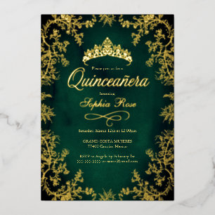 Königliche Smaragd-Gold-Krone Floral Quinceanera Folieneinladung