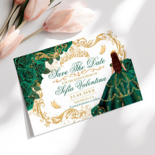 Königliche Smaragdgrüne Goldene Krone Quinceañera Save The Date