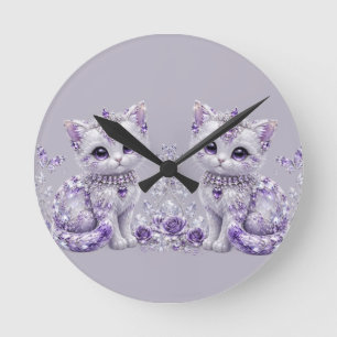 Königliche Violette Verzierte Kitten-Fantasie Runde Wanduhr