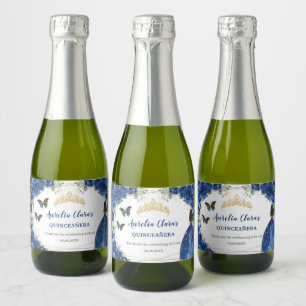 Königliches Blau Florales Gold Quinceañera Geburts Schaumweinetikett