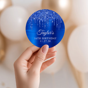 Königliches Blau Glitter Tropfen 16. Geburtstag Runder Aufkleber