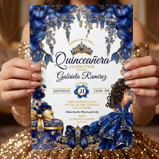 Königliches Blau Goldenes Diadem Florales Quinceañ Einladung