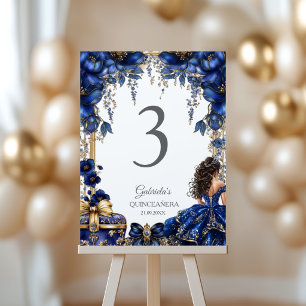 Königliches Blau Goldenes Diadem Florales Quinceañ Tischnummer