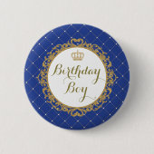 Königliches Blau-Goldprinz Birthday Boy Round Button (Vorderseite)
