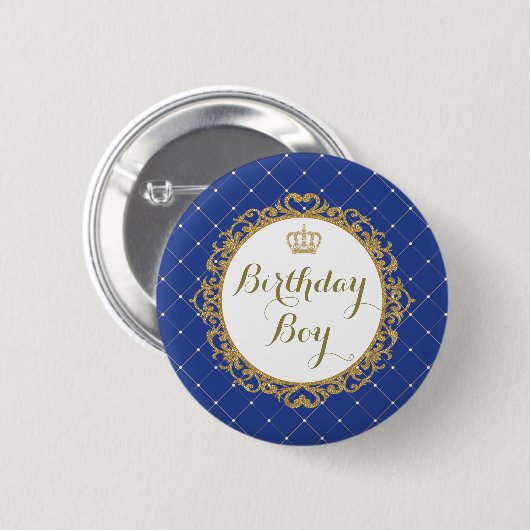 Königliches Blau-Goldprinz Birthday Boy Round Button (Vorne & Hinten)