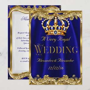 Königliches Blau-Navy-Hochzeit Goldkrone 3 Einladung