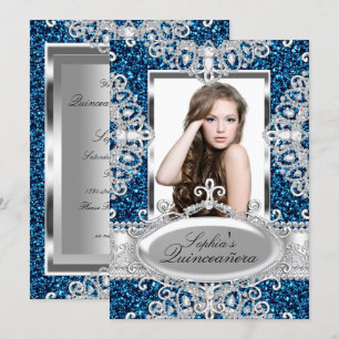 Königliches blaues Glitter-Diamant-Glamour-Quincea Einladung