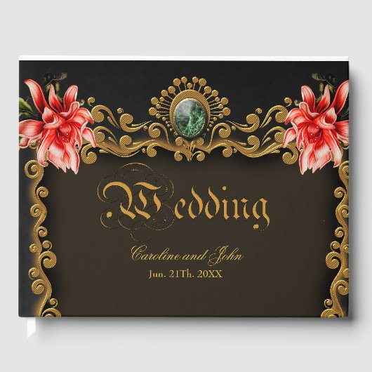 Königliches Gold und rote Blumenmuster Gästebuch (Vorderseite)