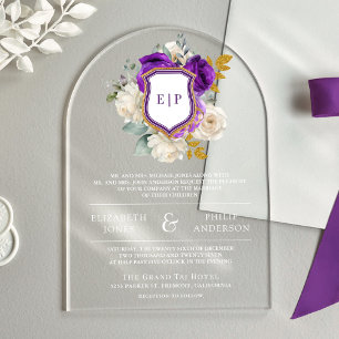 Königliches Lila Florales Wappen Monogramm Hochzei Acryleinladungen