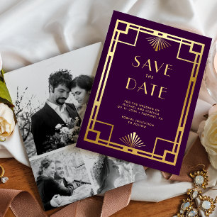 Königliches Lila Gold Art Deco Foto Collage Hochze Save The Date