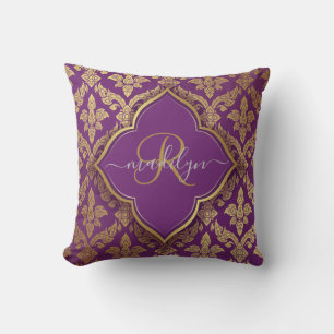 Königliches Lila Gold Damast Muster Fleur Monogram Kissen