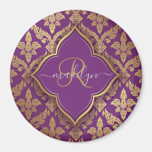 Königliches Lila Gold Damast Muster Fleur Monogram Magnet