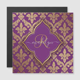 Königliches Lila Gold Damast Muster Fleur Monogram Magnetkarte