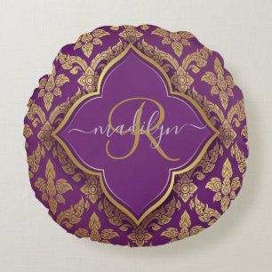 Königliches Lila Gold Damast Muster Fleur Monogram Rundes Kissen
