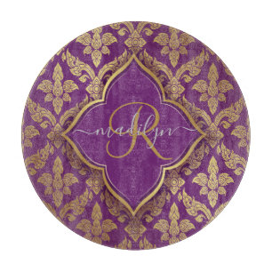 Königliches Lila Gold Damast Muster Fleur Monogram Schneidebrett