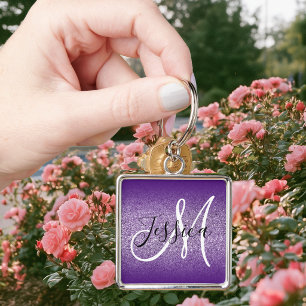 Königliches Lila Ombre Rand Amethyst Glitter Monog Schlüsselanhänger