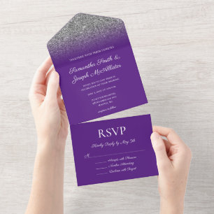 Königliches Lila und Silber Ombre Glitter Hochzeit All In One Einladung