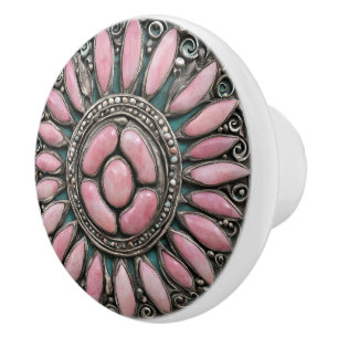 Königliches Mandala in poliertem Rosa und Türkis-S Keramikknauf