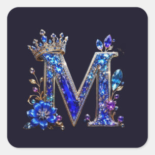 Königliches Saphir-Kristall-M-Kronen-Monogramm Quadratischer Aufkleber