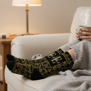 Königliches Schwarz-Gold-Damask-Blumenmuster-Monog Socken