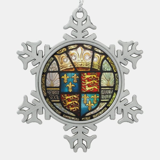 Königliches Tudor Wappen Buntglas Henrys VIII Schneeflocken Zinn-Ornament (Vorderseite)
