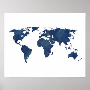 Königsblau-Aquarell-Weltkarte Poster