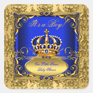 Königsblau Damast Goldene Krone Baby Shower Junge  Quadratischer Aufkleber