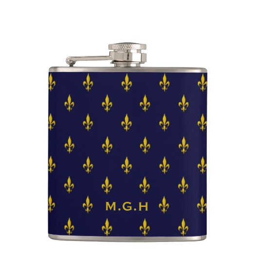 Königsblau Fleur De Lis Muster Monogramm Flachmann (Vorderseite)