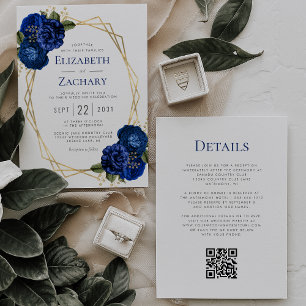 Königsblau Floral Gold Geo QR-Code Hochzeit Einladung