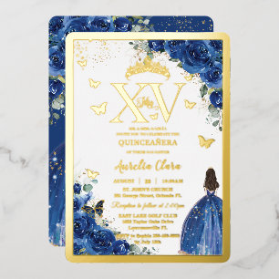 Königsblau Floral Quinceañera Fünfzehn 15 XV Gold Folieneinladung