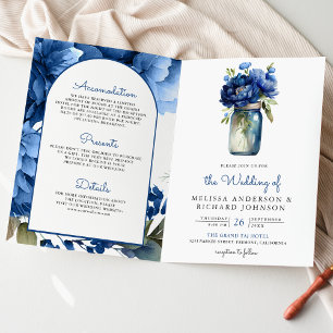 Königsblau Florale Mason-Glas QR-Code Hochzeit Einladung