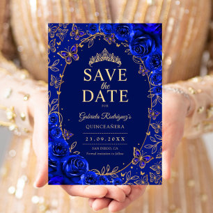 Königsblau Gold Quinceanera Floral Save The Date