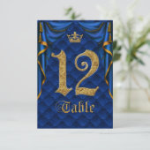 Königsblau Goldene Krone Hochzeit Tisch Nummer 12 Einladung (Stehend Vorderseite)