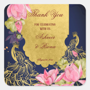 Königsblau-goldener Pfau-Lotos indische Hochzeit Quadratischer Aufkleber