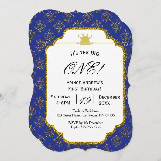Königsblau-Goldprinz First Birthday Invitation Einladung (Vorne/Hinten)